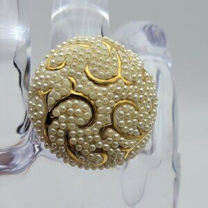 Vintage STEELTIME Gold  Stainless White Faux Pearl Cluster Cocktail Ring Size 7